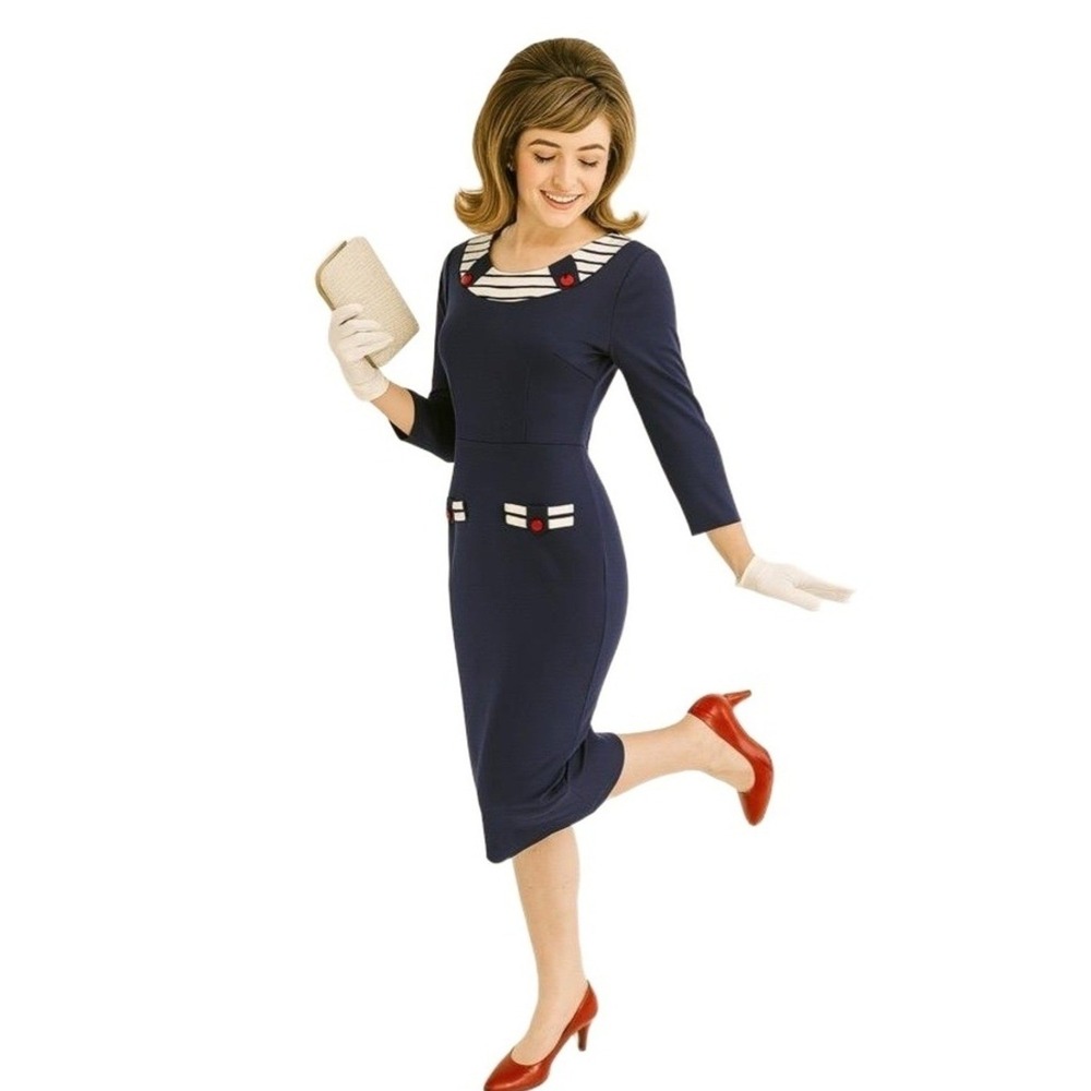 Homeyee Womens Dress Medium Retro Airline Long Sleeve Striped Collar Buttons